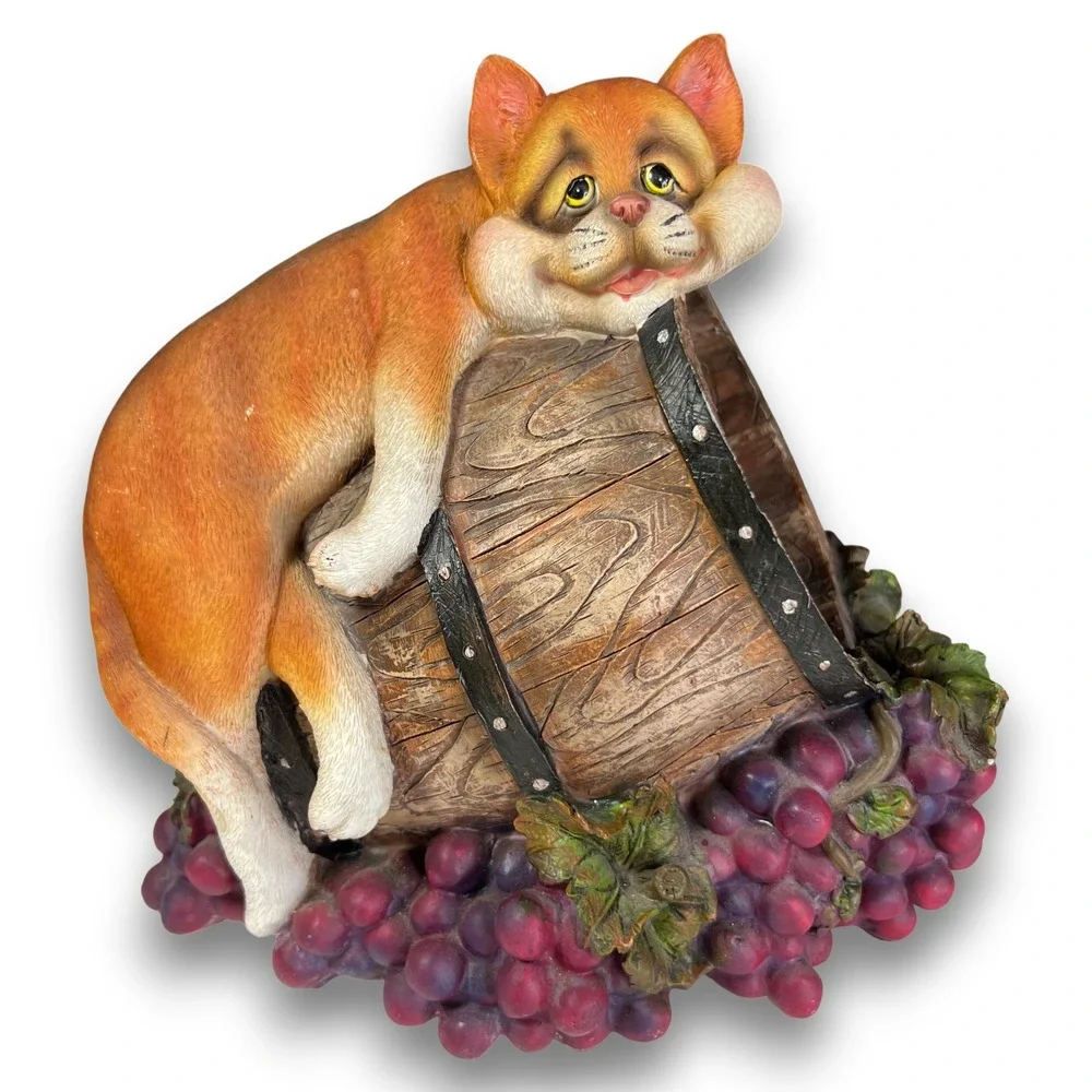 Vintage Resin Cat‎ Wine Holder Caddy Planter w Grapes Barrel Garden Whimsical